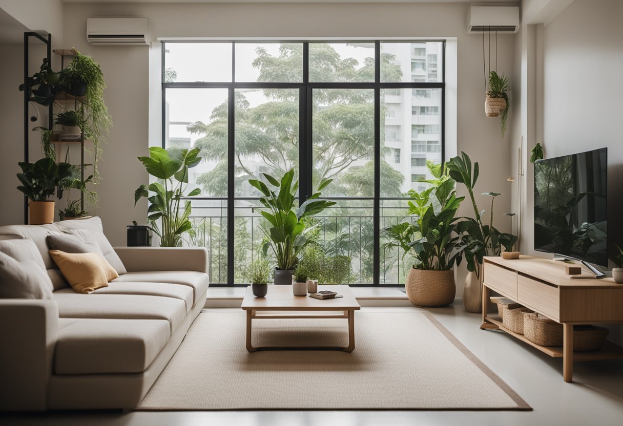 A cozy HDB living room with minimalist furniture, neutral colors, and clever storage solutions. A large window lets in natural light, and a small indoor plant adds a touch of greenery