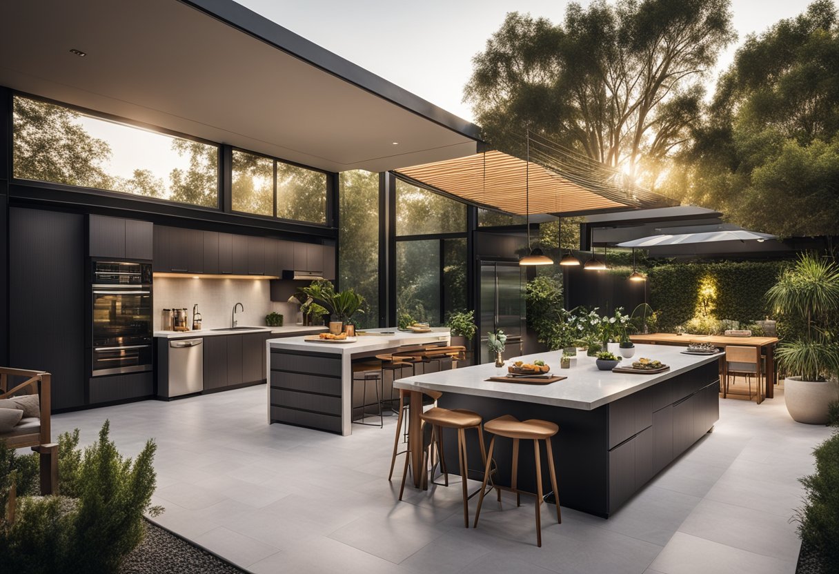 A spacious backyard with a sleek, modern kitchen island, surrounded by lush greenery and a cozy dining area. Sunlight streams in, casting a warm glow on the stylish appliances and comfortable seating
