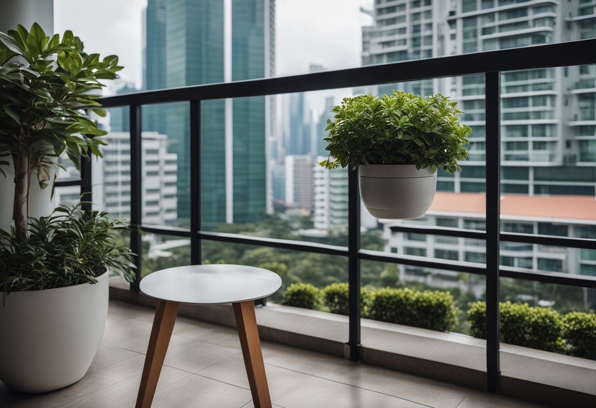 A modern HDB balcony in Singapore with sleek furniture and potted plants, overlooking the city skyline