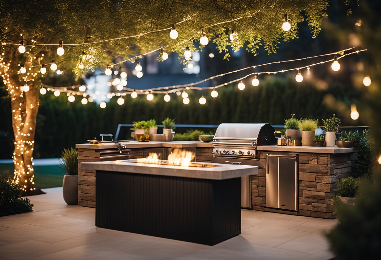 A sleek outdoor kitchen with modern appliances, surrounded by cozy seating and a fire pit. Lush greenery and string lights add a warm and inviting atmosphere
