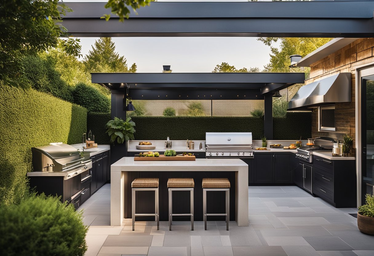 A cozy backyard with a stylish outdoor kitchen, complete with a built-in grill, sleek countertops, and plenty of seating for entertaining
