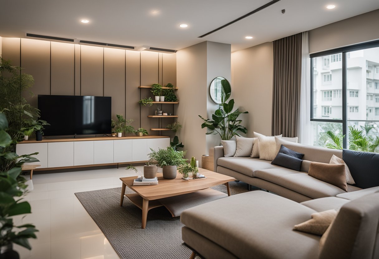 A cozy HDB living room with minimalist furniture, neutral colors, and ample natural light. A small indoor garden adds a touch of greenery, while a sleek TV console and comfortable seating complete the space