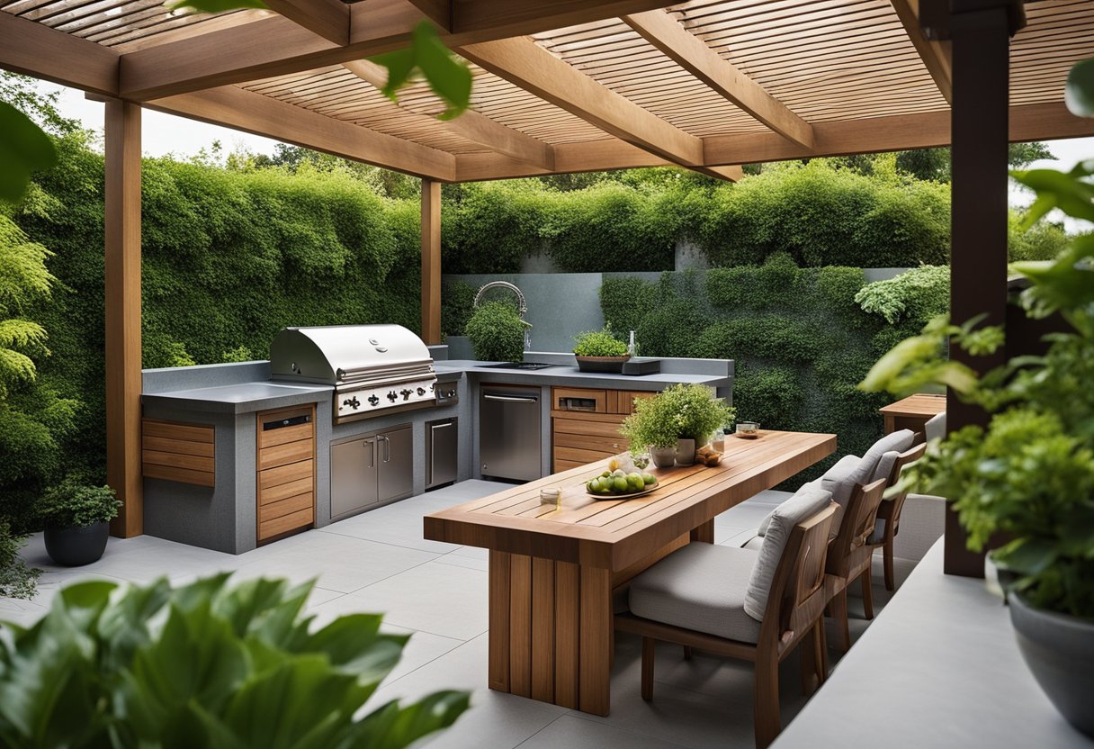 An outdoor kitchen with a built-in grill, sink, and countertop, surrounded by lush greenery and a cozy seating area