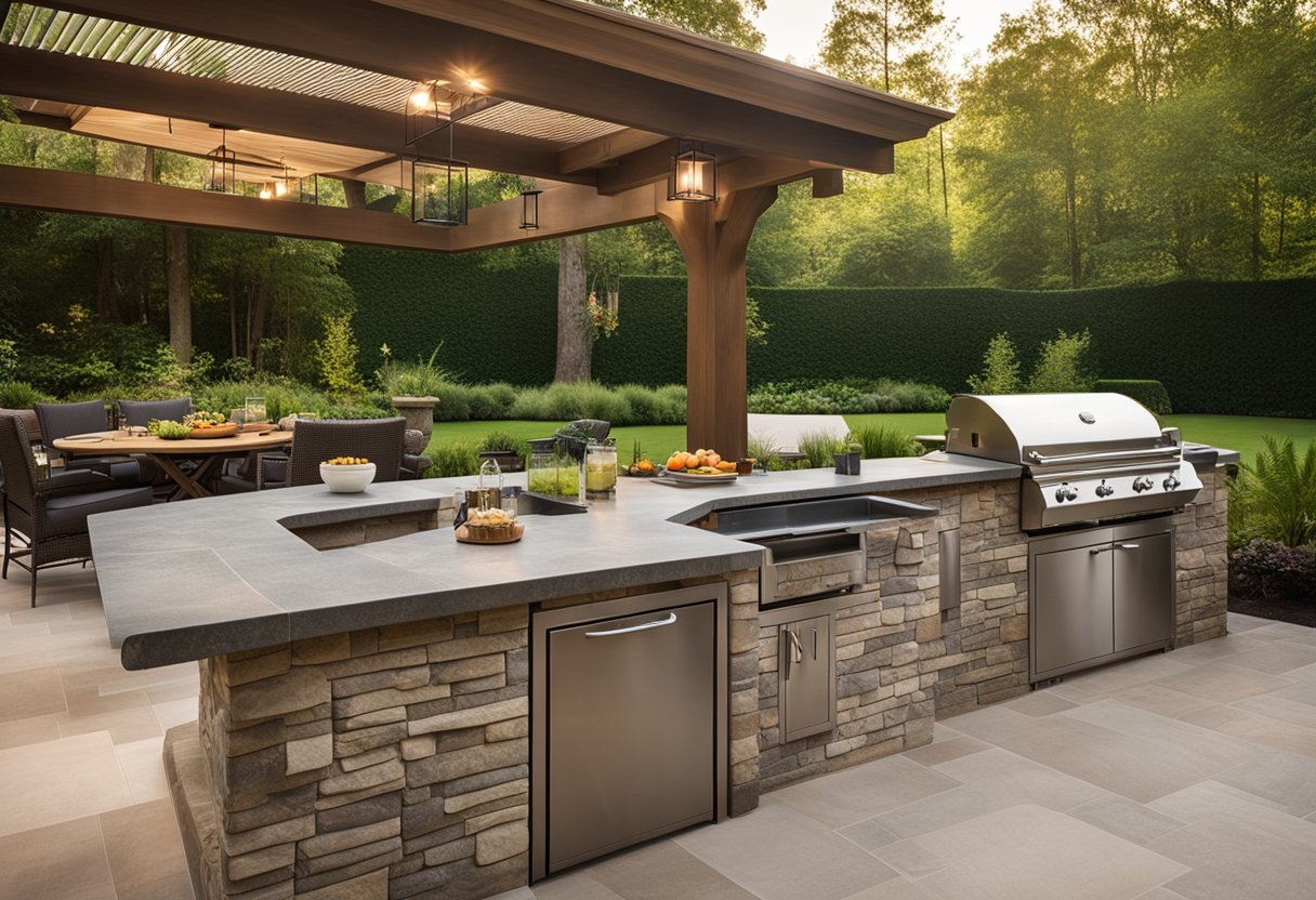 A spacious outdoor kitchen with a stone countertop, stainless steel appliances, and a built-in grill. Surrounded by lush greenery and a cozy seating area for entertaining