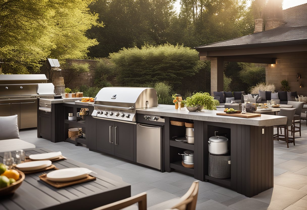 A chef grills on a spacious outdoor kitchen island, surrounded by modern appliances and ample counter space, while guests relax in comfortable outdoor seating nearby