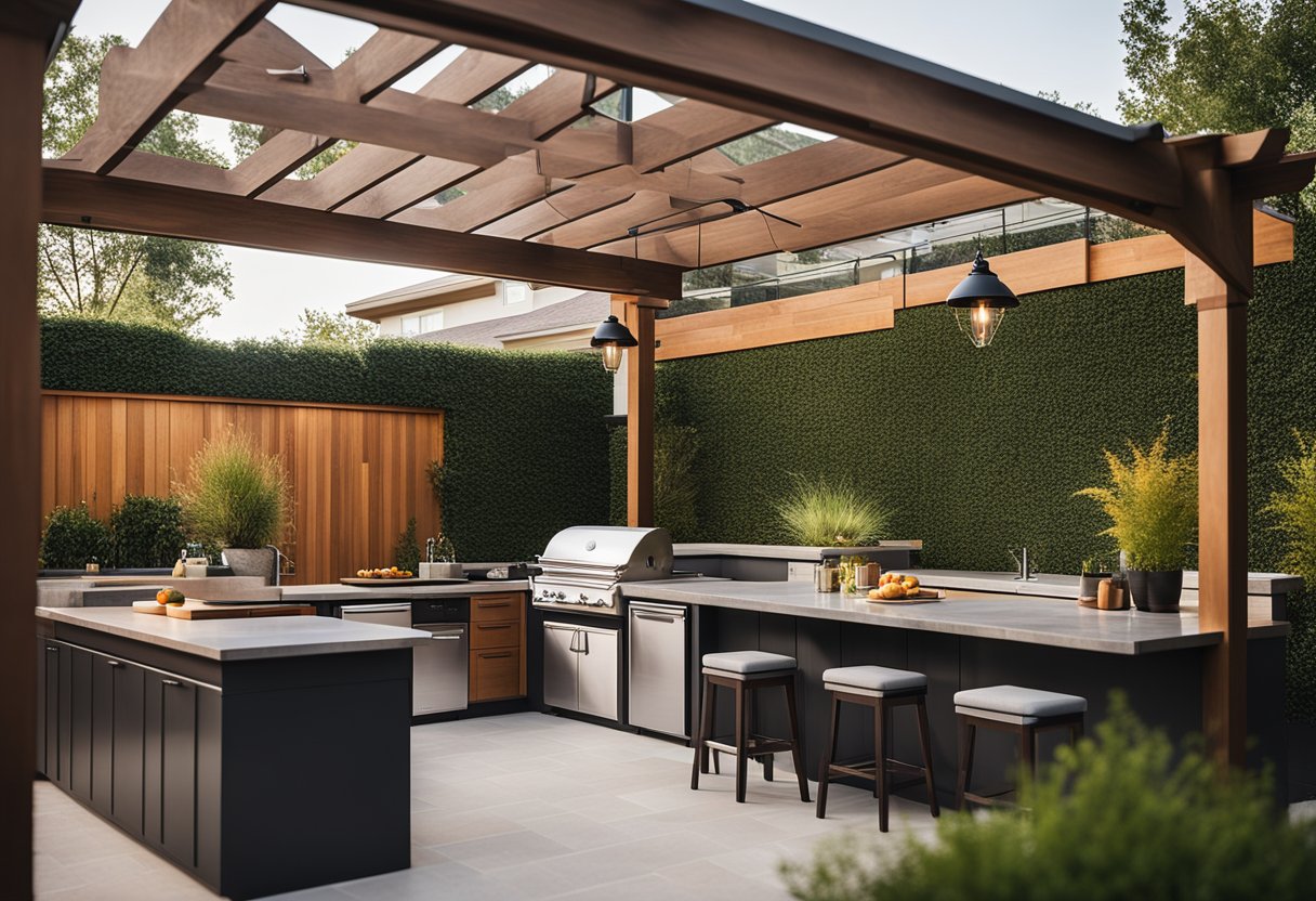 A spacious backyard with a modern outdoor kitchen setup, featuring a sleek grill, ample counter space, and stylish seating area for entertaining