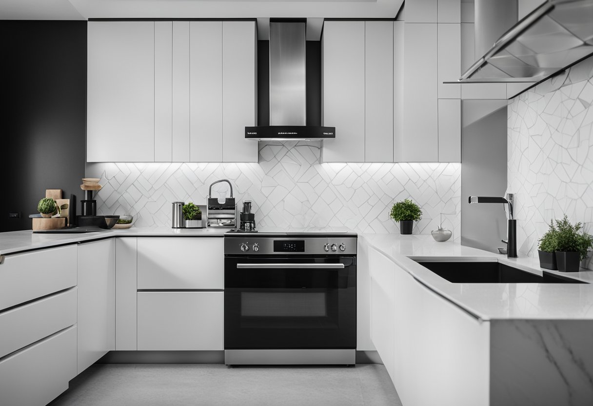 A modern black and white kitchen with sleek countertops and cabinets, stainless steel appliances, and a minimalist design aesthetic