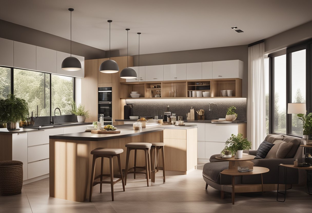 A cozy, open-concept space with a sleek, modern kitchen seamlessly integrated with a comfortable living area. Warm, neutral tones and natural light create a welcoming atmosphere