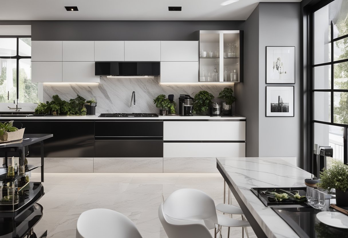 A sleek, modern kitchen with black and white color scheme. Stainless steel appliances, marble countertops, and glossy cabinets