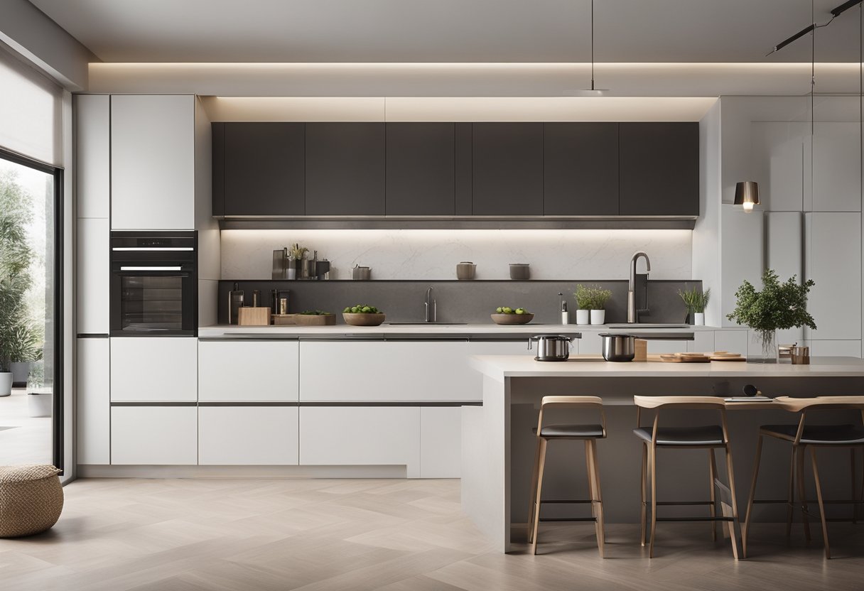 A spacious, minimalistic kitchen with sleek countertops, modern appliances, and ample storage. Clean lines and geometric shapes define the layout, creating a functional and stylish space