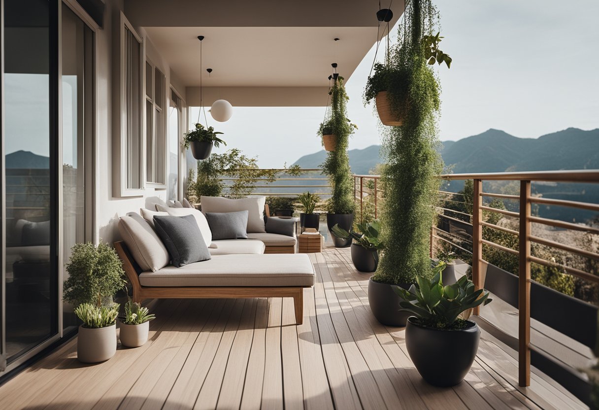 A cozy balcony with a stylish canopy design, adorned with potted plants and comfortable seating, creating a tranquil outdoor retreat