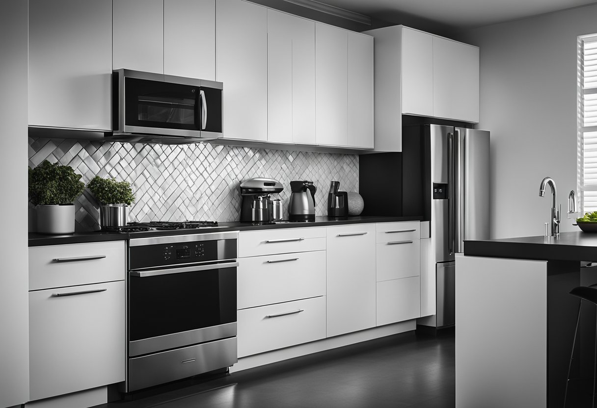 A modern black and white kitchen with sleek cabinets, stainless steel appliances, and a minimalist design