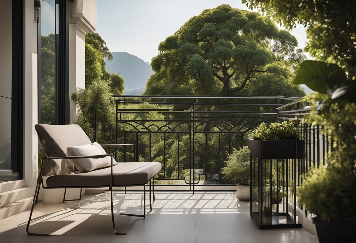 A balcony with a stylish canopy, featuring modern and traditional design elements, surrounded by lush greenery and overlooking a serene landscape