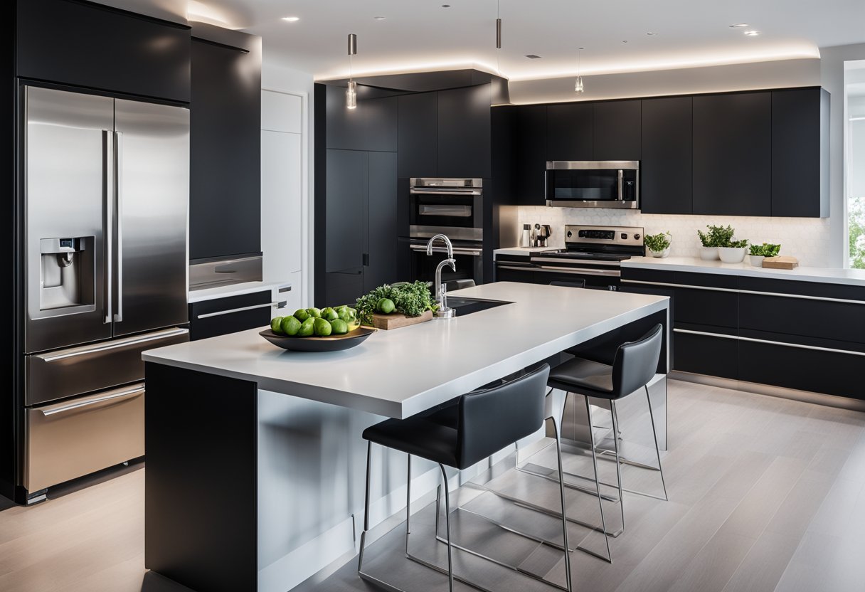 A modern kitchen with sleek black cabinets, contrasting with white countertops and stainless steel appliances. A minimalist design with clean lines and a sophisticated aesthetic