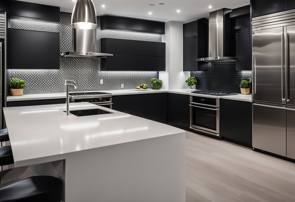 A modern kitchen with sleek black cabinets, stainless steel appliances, and a contrasting white countertop