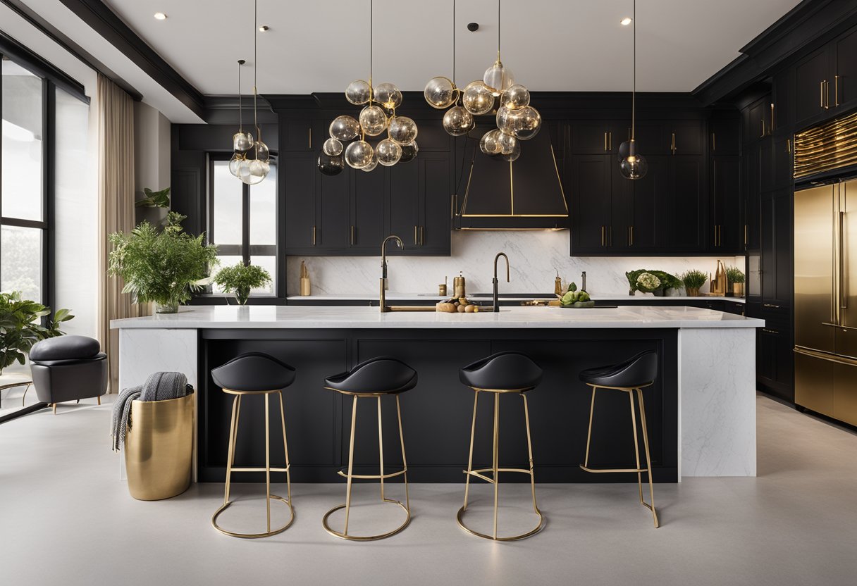 A sleek black kitchen with gold hardware and marble countertops. Glass pendant lights hang above the island, adding a touch of elegance