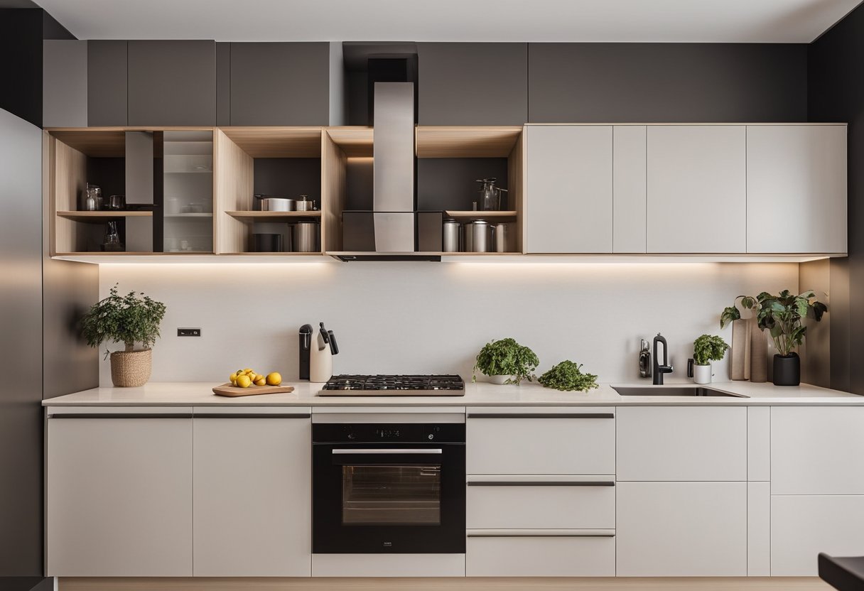 A small, minimalist kitchen with clean lines, neutral colors, and budget-friendly materials. Simple cabinet hardware, sleek appliances, and efficient storage solutions