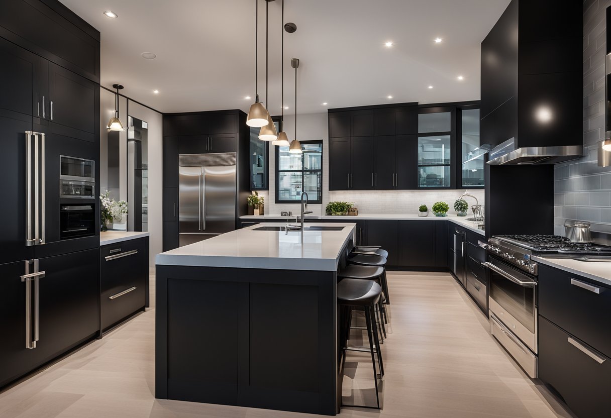 A modern kitchen with sleek black cabinets, stainless steel appliances, and minimalist decor. Bright pendant lights illuminate the space, creating a contemporary and stylish atmosphere