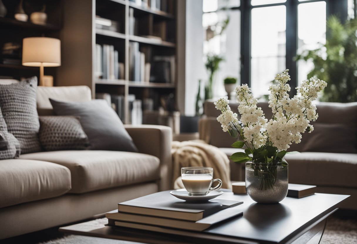 A cozy living room with modern furniture, soft lighting, and a bookshelf filled with design books. A comfortable sofa and a coffee table with a vase of flowers complete the inviting space