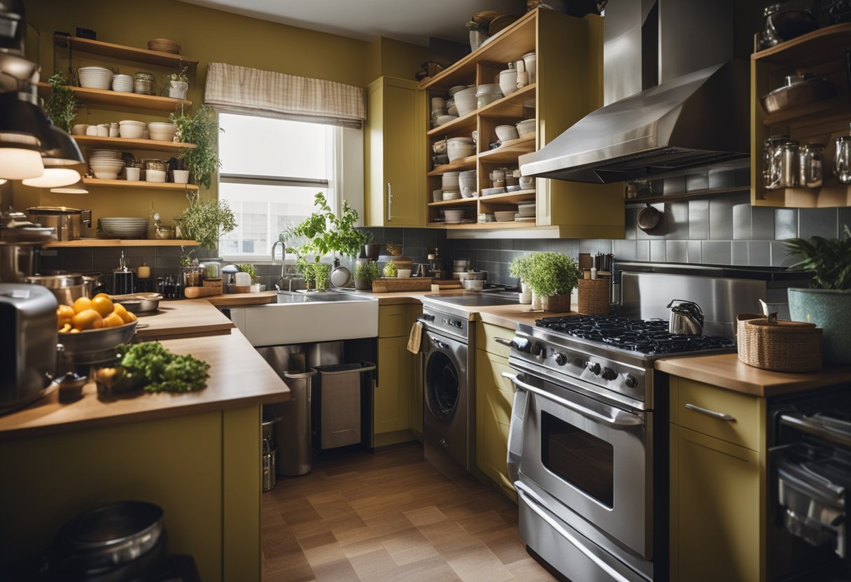A cluttered kitchen with a small budget. Shelves are overflowing, appliances are outdated, and the space feels cramped
