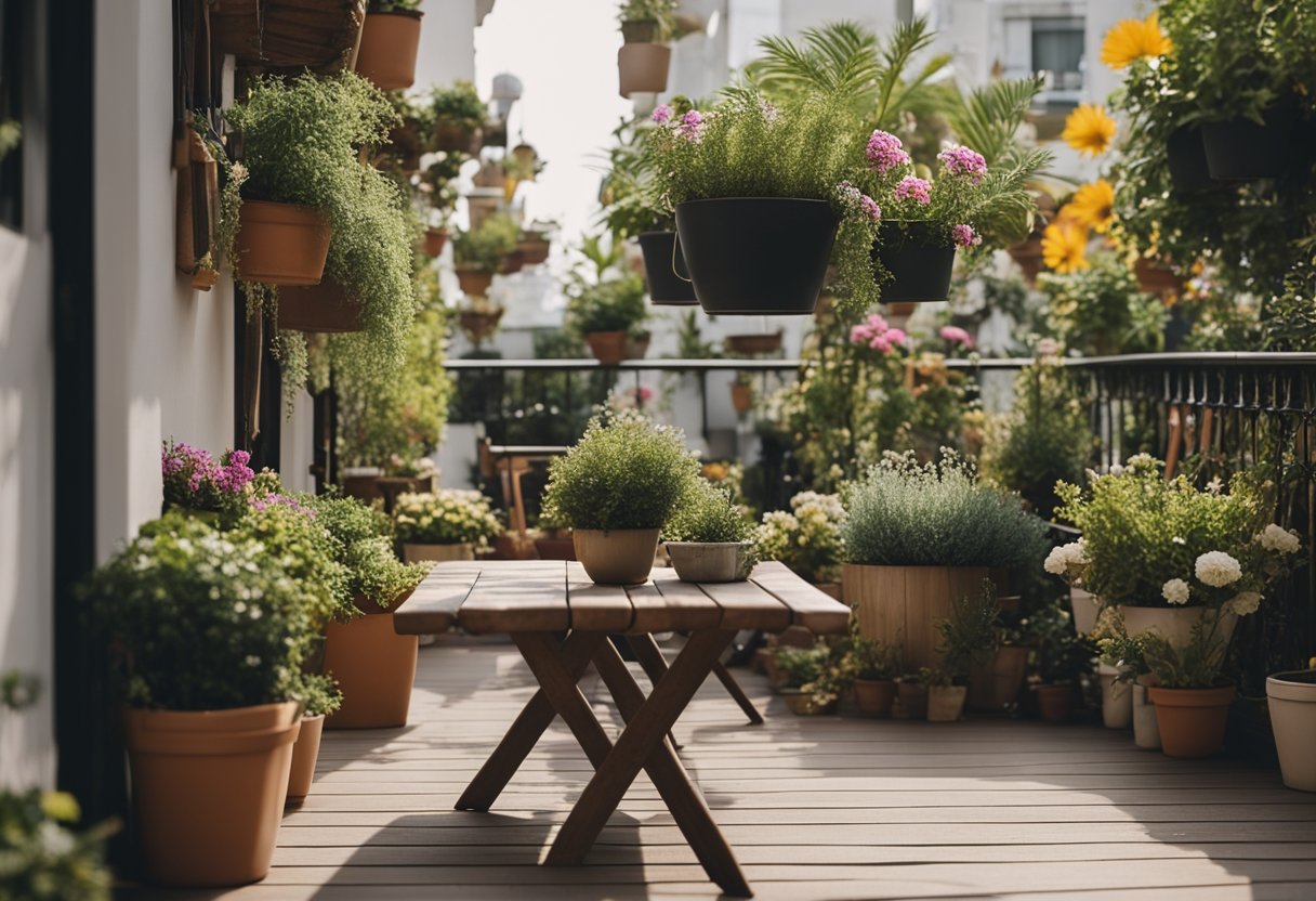 A cozy balcony garden with potted plants, hanging baskets, and a small bench for relaxation