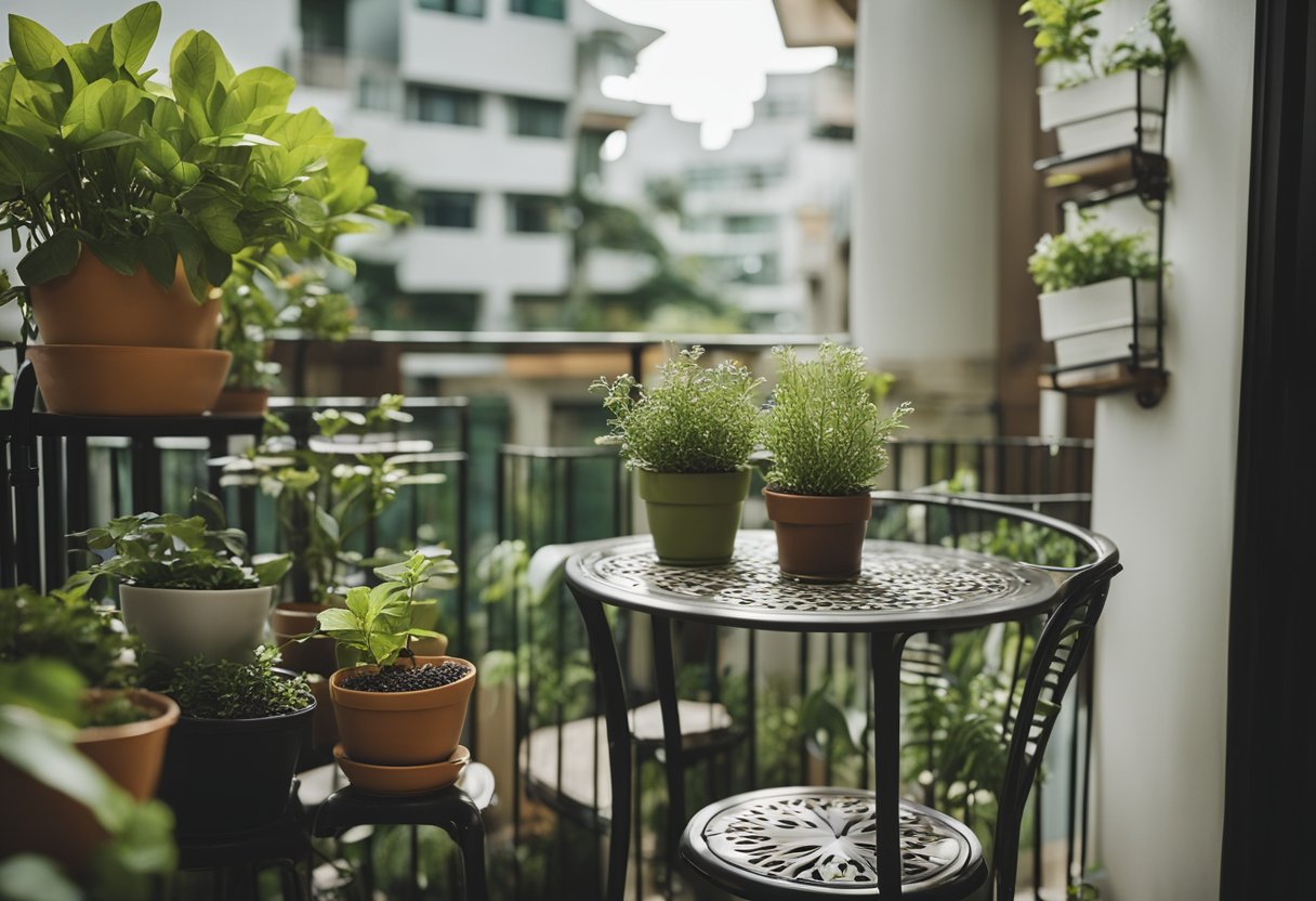 A cozy HDB balcony garden with potted plants, hanging baskets, and a small table and chairs for relaxing