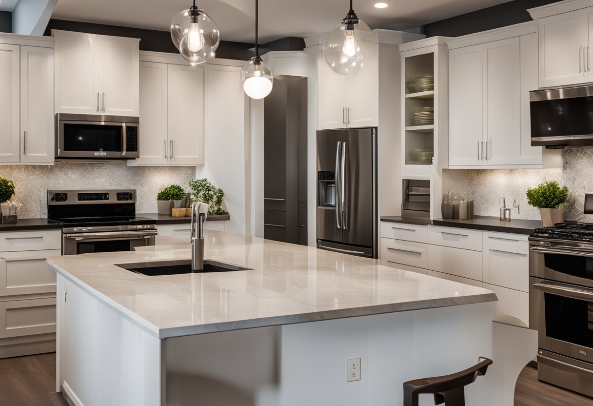 A spacious kitchen with modern appliances, sleek countertops, and ample storage. The design features a large island with seating, pendant lighting, and a stylish backsplash
