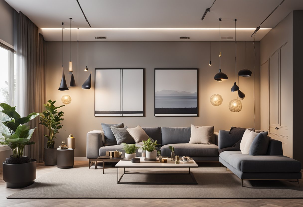 A cozy living room with various wall lamp styles hung at different heights, casting warm light and creating a welcoming ambiance