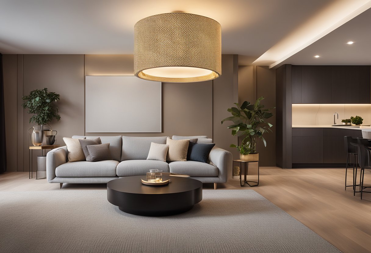 A modern wall lamp illuminates a cozy living room, casting a warm and inviting glow. The sleek and minimalist design adds a touch of elegance to the space