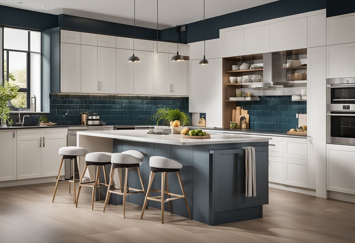 A spacious, modern kitchen with sleek cabinetry, integrated appliances, and a large central island. The color scheme is neutral with pops of vibrant accents