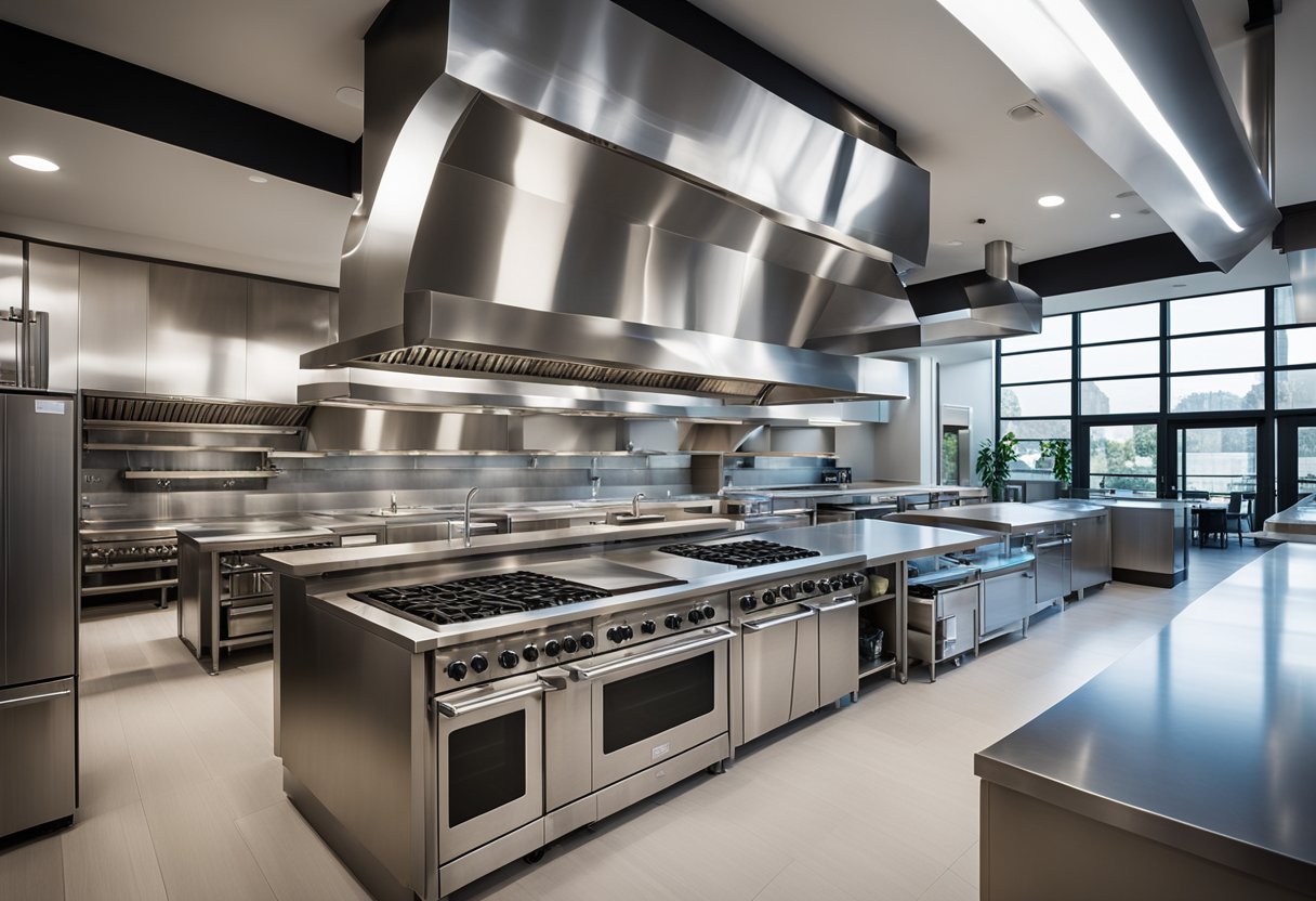 A spacious commercial kitchen with stainless steel appliances, ample counter space, and a large central island. Bright lighting and sleek, modern design elements create a professional and inviting atmosphere