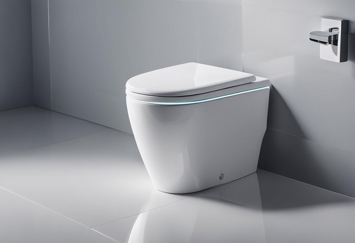 A sleek, modern toilet bowl with a minimalist design, featuring a glossy white finish and clean lines