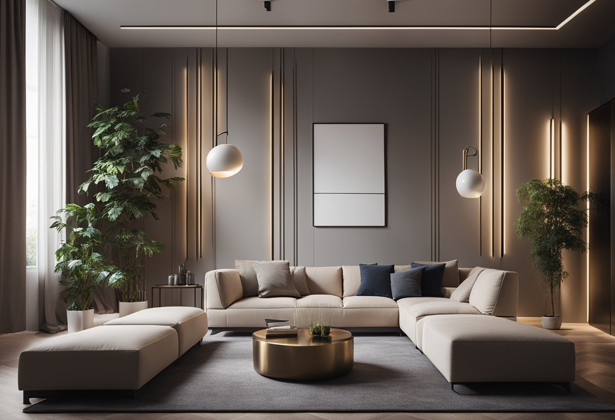 A modern living room with a sleek wall lamp above a FAQ display, creating a cozy yet functional space