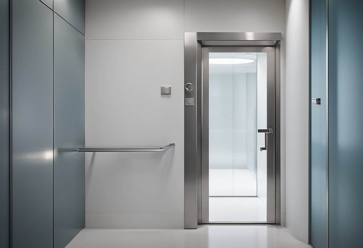 A sleek, minimalist toilet door with a frosted glass panel and a brushed metal handle. The door is set within a clean, contemporary interior