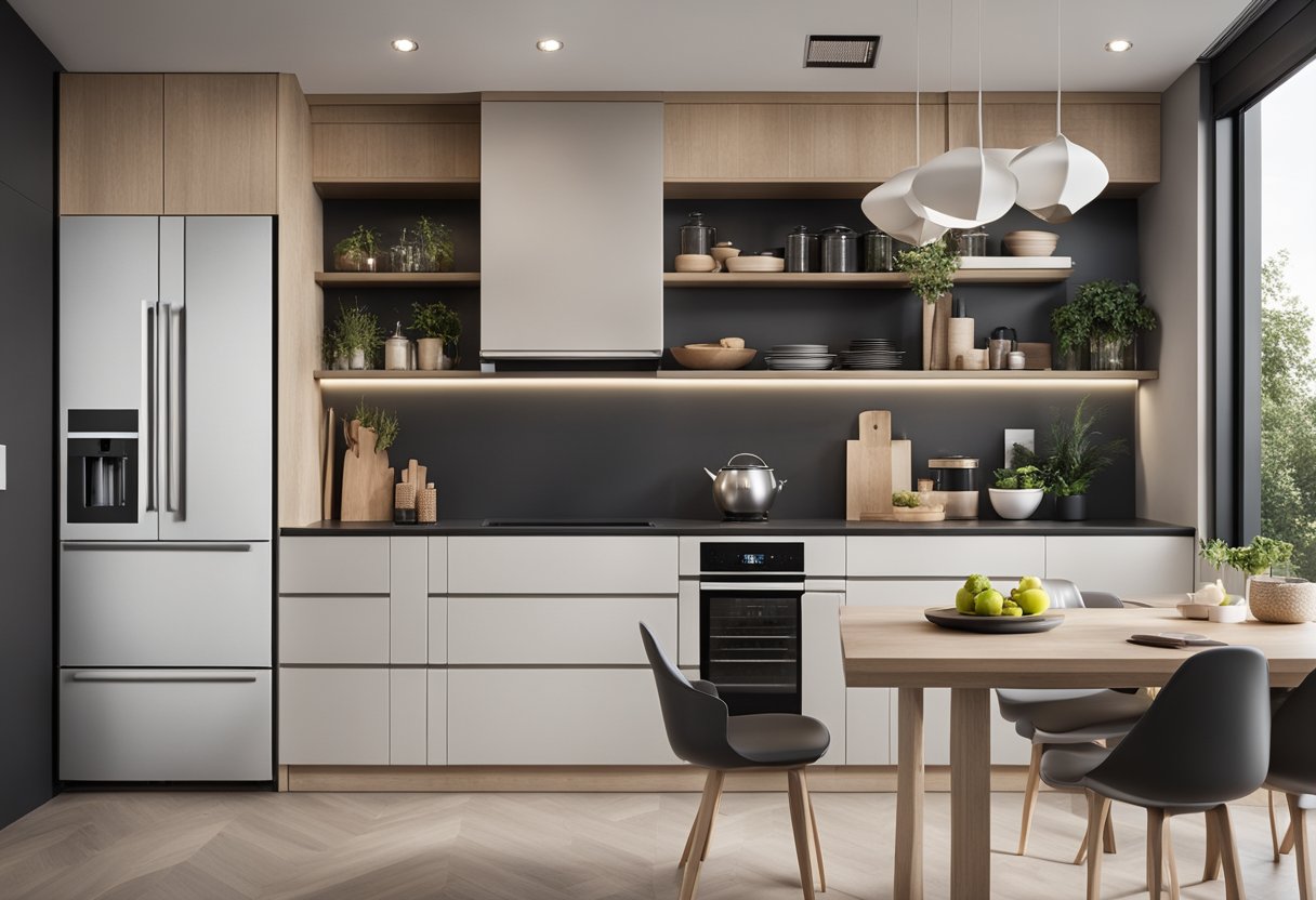 A modern, sleek kitchen with clean lines and integrated appliances. Neutral color palette with pops of color in accessories. Open shelving and ample storage for a clutter-free look