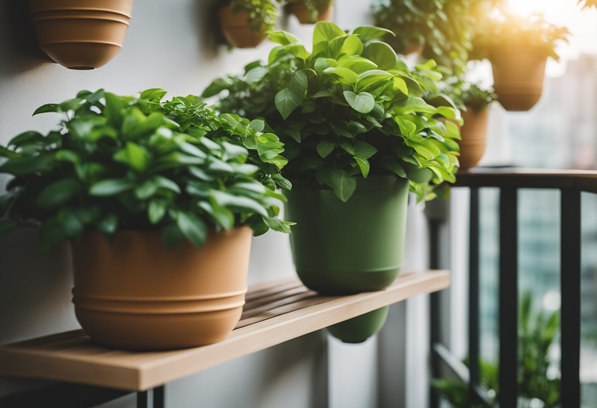 Lush greenery cascades from hanging planters, while cozy seating and soft lighting create a tranquil oasis on the HDB balcony