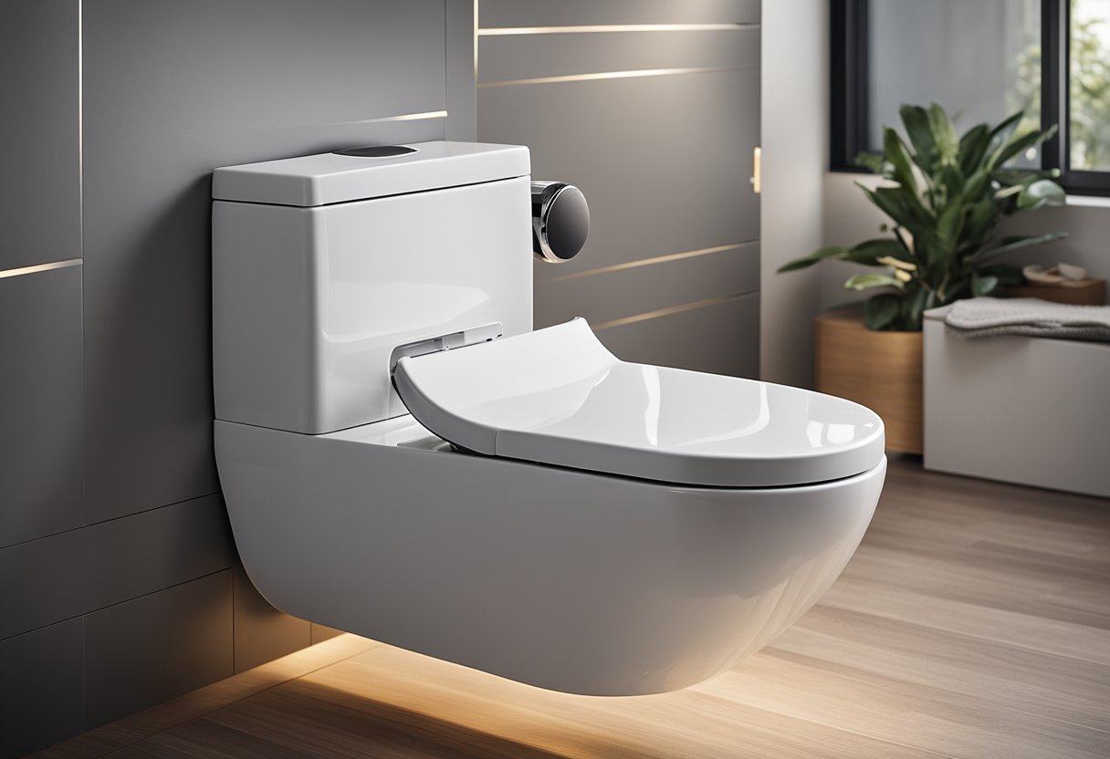 A sleek, modern toilet bowl with built-in bidet, heated seat, and self-cleaning function. LED lighting and touchless flush add to its innovative features