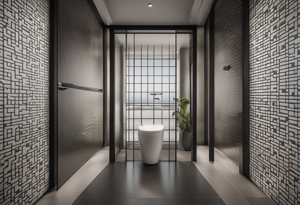 A sleek, minimalist toilet door with a geometric pattern and a frosted glass panel. The design is modern and elegant, with clean lines and a contemporary feel