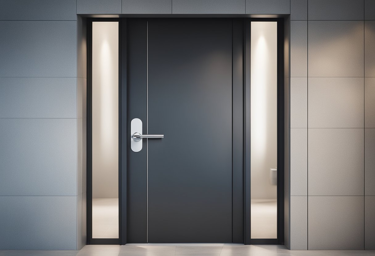 A sleek, minimalist toilet door with clean lines and a frosted glass panel. The door features a contemporary handle and a subtle, modern design