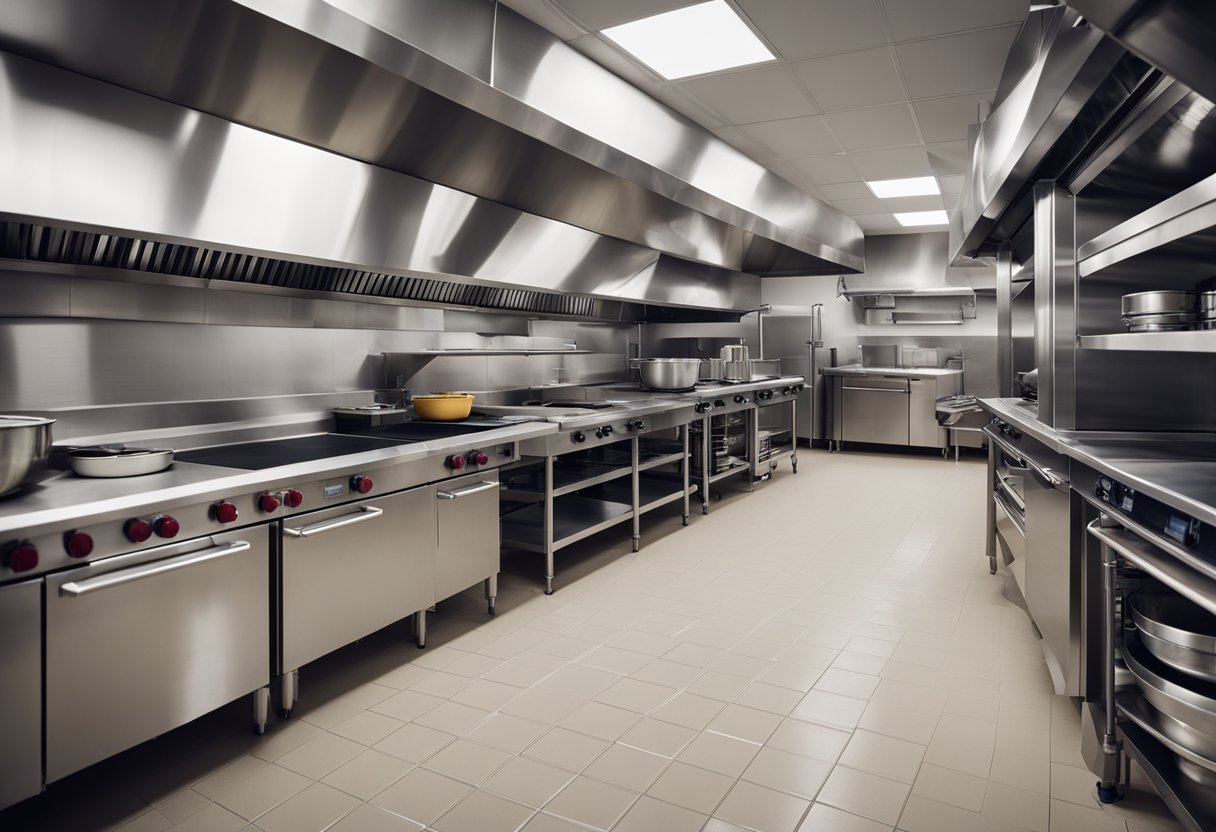 The commercial kitchen is efficiently laid out with designated stations for food prep, cooking, and cleaning. The workflow is streamlined, with easy access to equipment and ample space for movement
