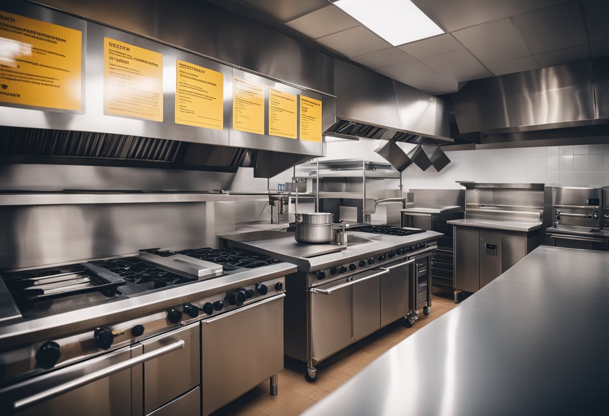 A commercial kitchen with clear safety signage, fire suppression system, and proper ventilation for compliance