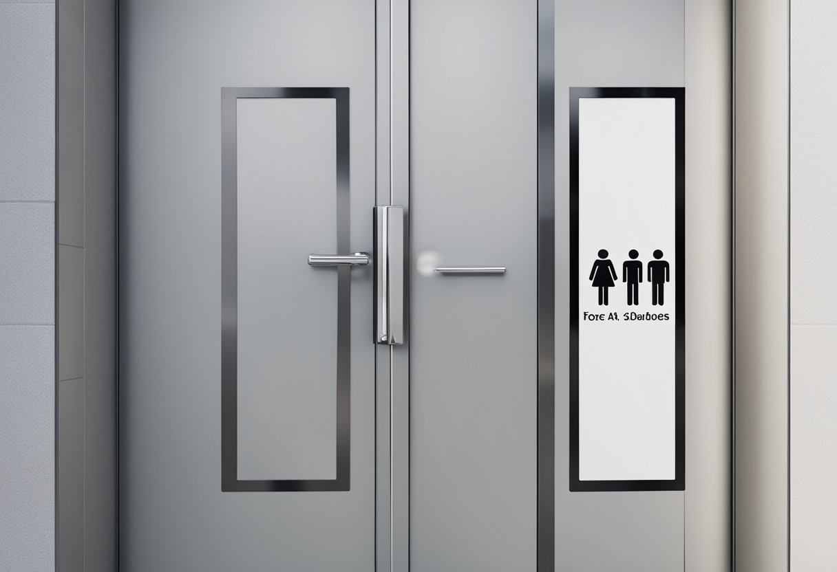 A modern toilet door with FAQ symbols and text, clean and sleek design, minimalist and functional