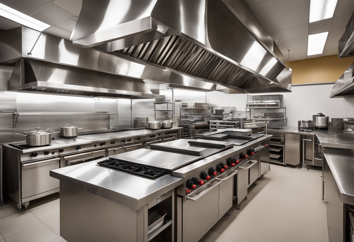 A spacious commercial kitchen with stainless steel appliances, ample counter space, and efficient storage solutions. Bright lighting and a clean, organized layout create a professional and inviting atmosphere