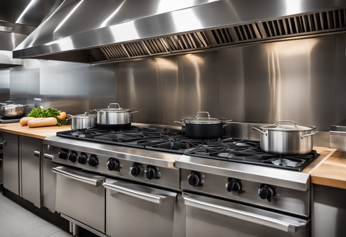 A stainless steel commercial kitchen exhaust hood hangs above a large cooking range, with powerful fans and filters visible inside