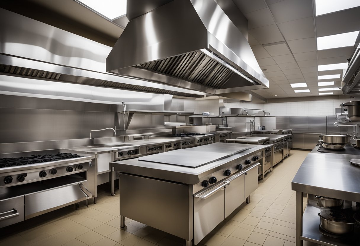 A commercial kitchen with a large exhaust hood suspended over a cooking range, with vents and ductwork leading to the exterior