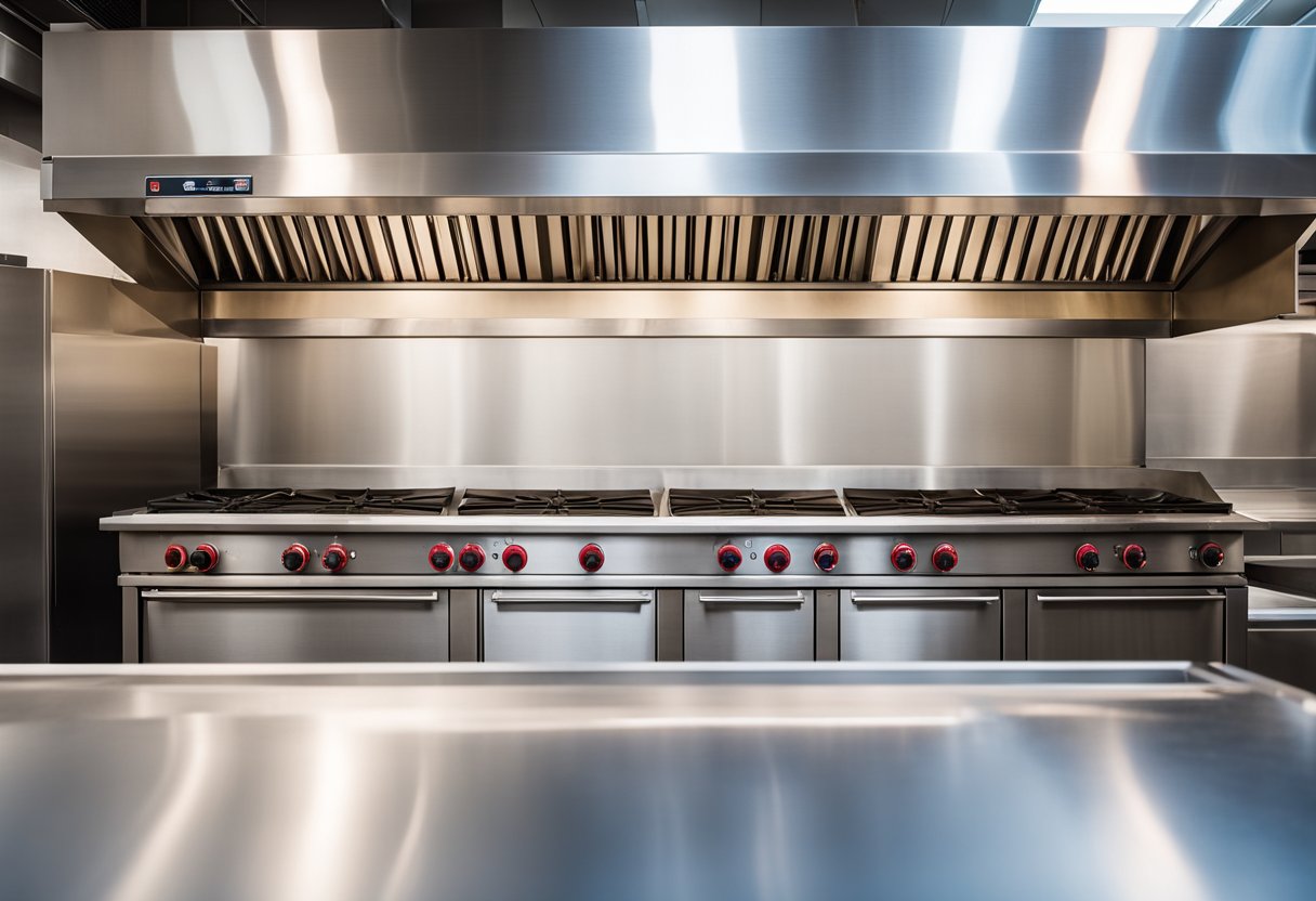 A commercial kitchen exhaust hood with proper ventilation, fire suppression, and easy access for maintenance