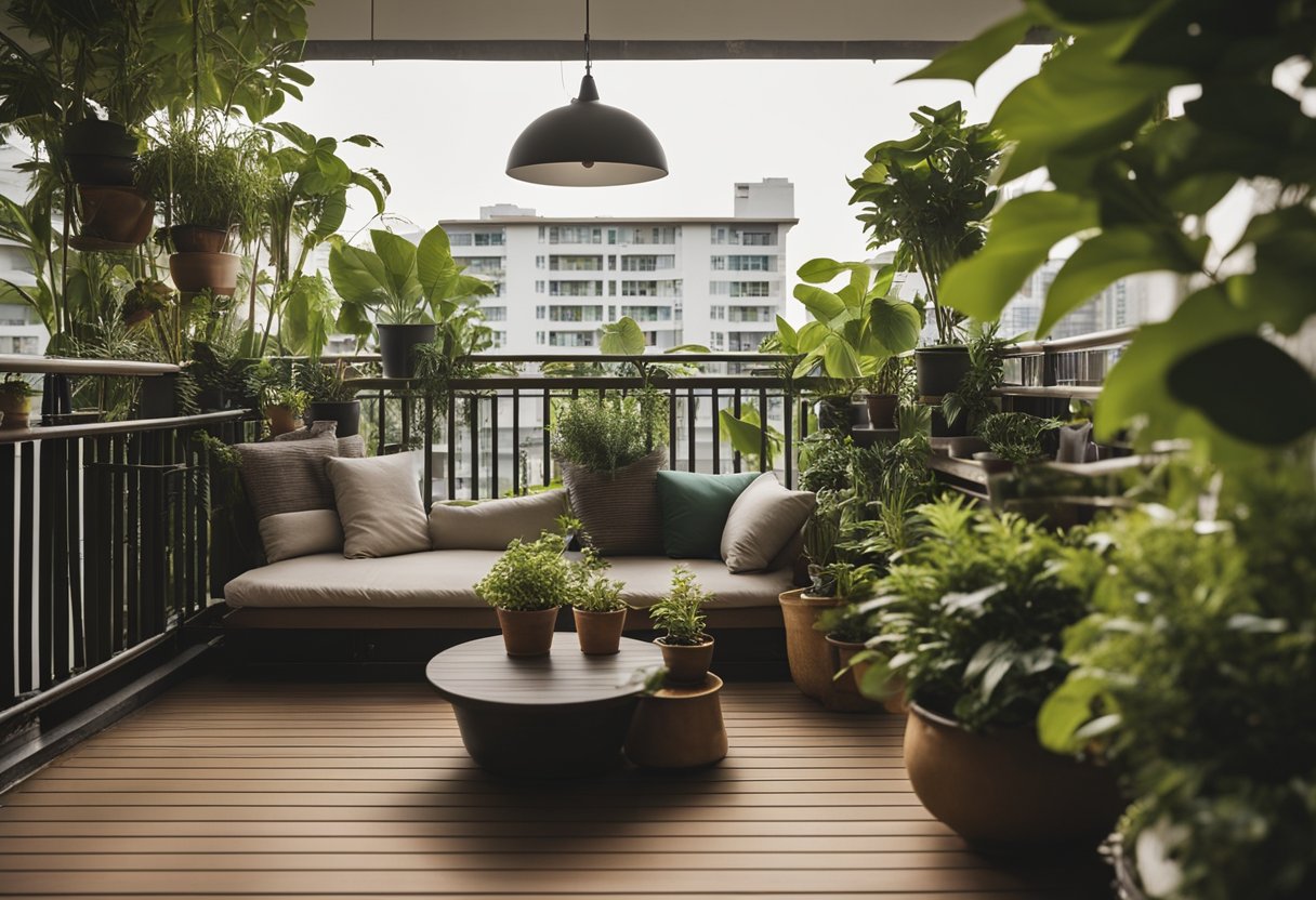 A cozy HDB balcony garden with potted plants, hanging vines, and comfortable seating, creating a peaceful and inviting outdoor space
