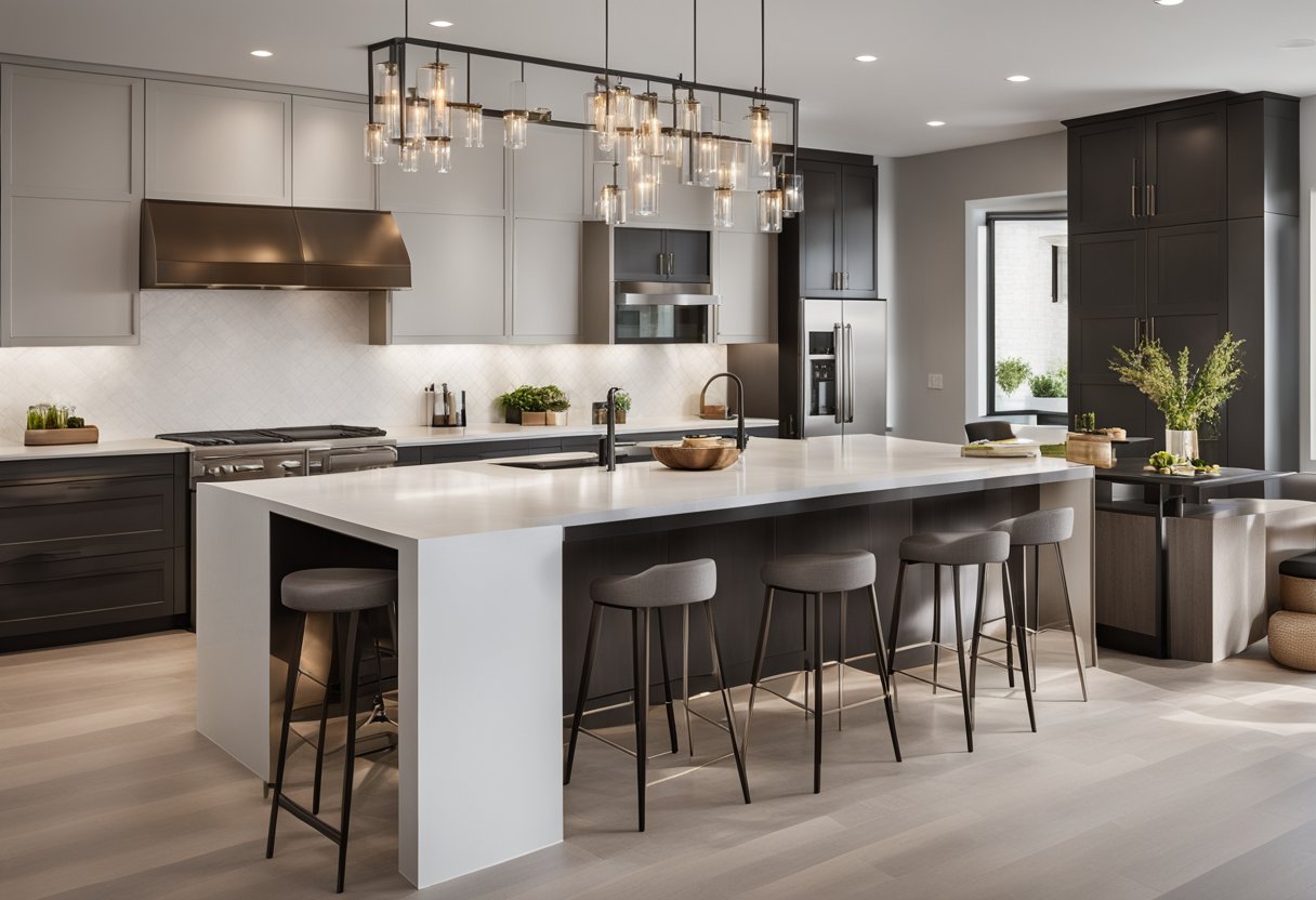 A sleek, open-concept kitchen with modern appliances, clean lines, and neutral colors. A large island with a waterfall countertop and pendant lighting completes the contemporary look