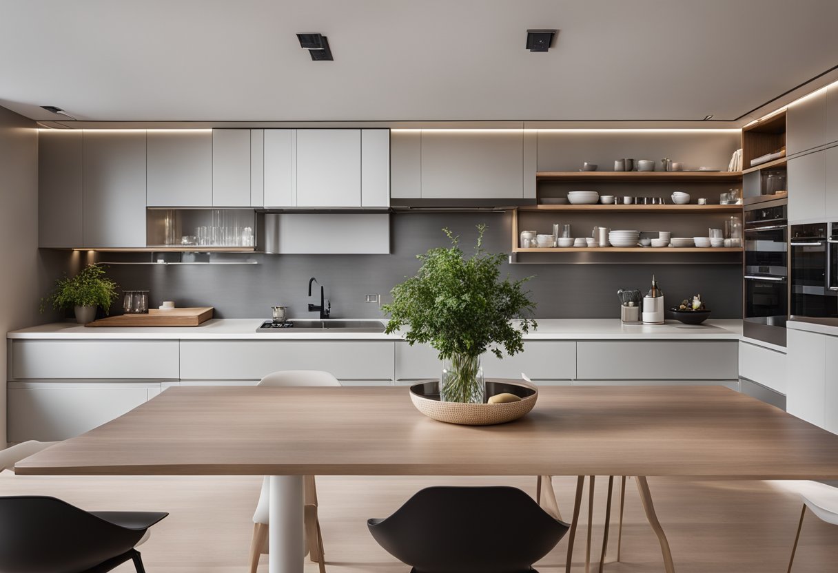A sleek, minimalist condo kitchen with clever storage solutions, integrated appliances, and a neutral color palette. Open shelving and a compact island maximize space