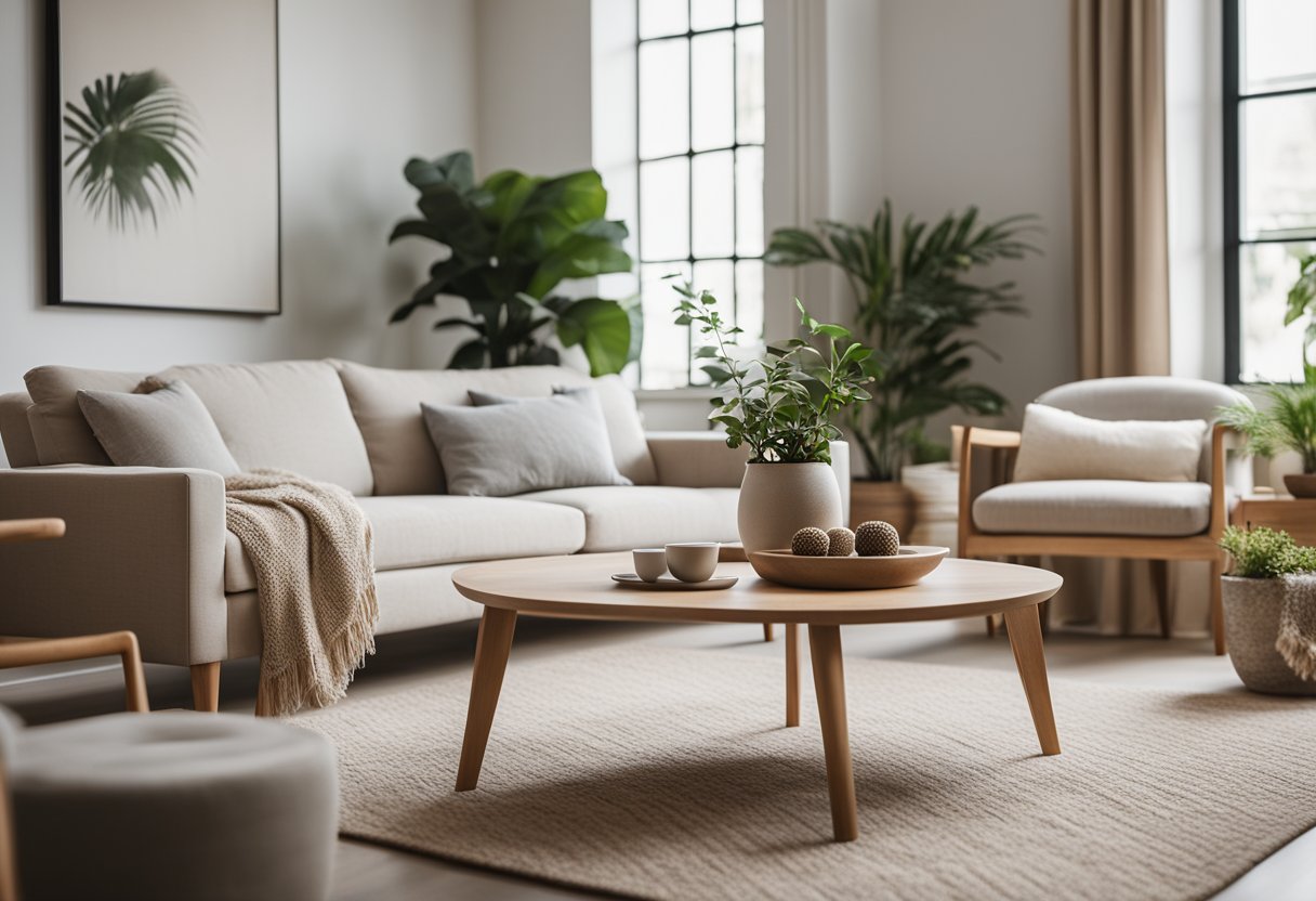 A cozy zen living room with minimal furniture, soft neutral colors, and natural lighting. A low coffee table with floor cushions, potted plants, and a serene wall art completes the design